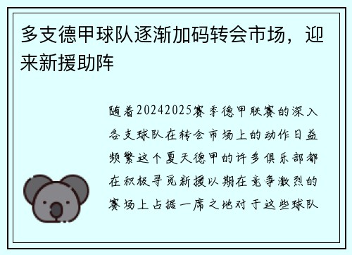 多支德甲球队逐渐加码转会市场，迎来新援助阵