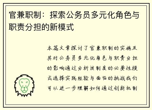 官兼职制：探索公务员多元化角色与职责分担的新模式